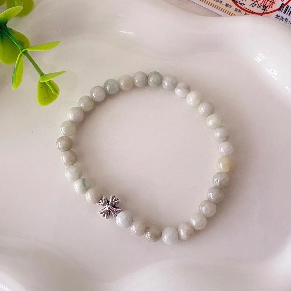 Authentic Jadeite Beaded Bracelet White Jade with Silver Cross Charm 11.23g